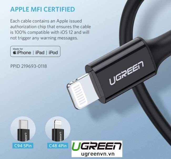 Cáp sạc, dữ liệu USB Type-C to Lightning dài 1M chuẩn MFI Apple, sạc nhanh 3A Ugreen 60751 (Đen)